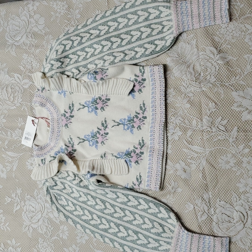 Loveshackfancy Warwick knit sweater floral ruffle hearts XS - Picture 13 of 17
